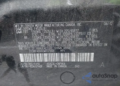 2012 Toyota Rav4 from USA, damaged, VIN 2T3BF4DV4CW237868
